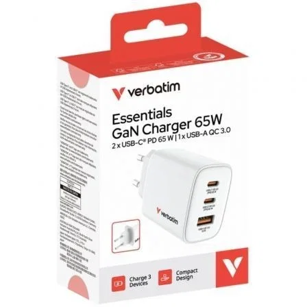 Verbatim Essentials Cargador de Pared GaN 65W 2xUSB-C 1xUSB-A Blanco